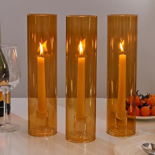 Vixdonos Glass Hurricane Candle Holder Set of 3 Modern Candlestick Holders Long Taper Candle Stand with 11.8 inch Tall Cylinder Windproof Cover for Wedding Party Table Centerpiece Outdoor by Vixdonos