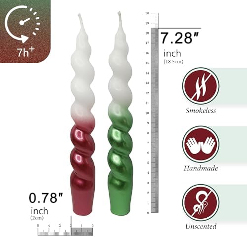 7.5 Inches Christmas Spiral Taper Candles Colorful Twisted Candle Dripless Long Candles, Handmade Candlesticks for Wedding Dinner Decor, Set of 4(Gradient Metallic Red Green) - Image 2