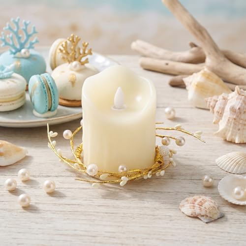 Daifunli 2 Pcs Pearl White Berry and Pip Gold Wire Candle Rings Vintage Pip Berries Wreaths for Pillar 3.9 Inch Candles Holder for Summer Ocean Beach Rustic Table Centerpiece Decor - Image 3