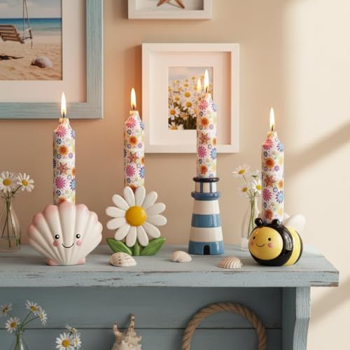 5 inch Short Candle Floral Candle Sticks Seashell Printed Candles Stick Handmade Unscented Taper Candle 4 Pack Flower Tapered Candles for Evening Wedding, Bohemian Seaside Theme Home Decor - Image 2