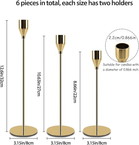 Gold Candle Holders Set of 6, Metal Taper Candle Holders, Tall Gold Candlestick Holders, Fits 2.2cm Thick Candle&Led Candles, for Table Centerpiece, Mantels, Weddings, Dining, Party - Image 2