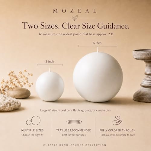 MOZEAL Hand-Poured, 6 Inch White Large Round Ball Candles - Elegant White Round Pillar Candles, Dripless, Unscented, Smokeless, Ideal for All Occasions. - Image 2