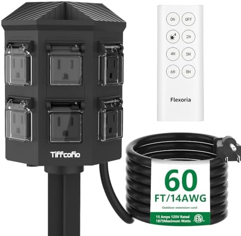 Outdoor Power Strip with 60FT Extension Cord, 100FT Remote Control, Dusk to Dawn Light Timer Waterproof, 6 Grounded Outlets for Christmas Decorations, ETL Listed by TiFFCOFiO