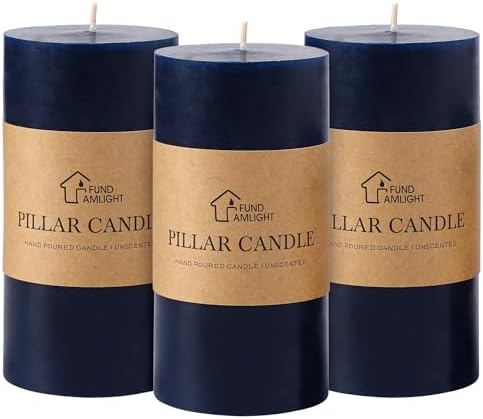 3x6 Inch Navy Blue Pillar Candles Set of 3 - Unscented Pillar Candles by FUNDAMLIGHT