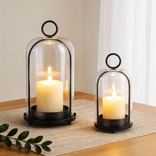 Metal Candle Holder, 5"&4" Wide Hurricane Glass Candle Holders with Handmade Glass Dome, Hanging Candle Lantern for Pillar Candles, Table Coffee Decor, Interior Decoration (Not Included Candles) by Beolisav