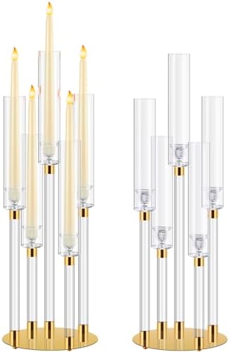 Barydat 4 Pcs Acrylic Candelabra Centerpieces Candle Holder Crystal 5 Arm Candlesticks Holder with Acrylic Shade Pillar Taper Candlestick for Wedding Dinner Party Fit 0.87" LED Candle(Gold,2 Pcs) by home