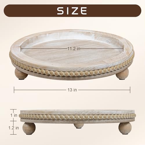 Larger Wood Round Tray for Wooden Coffee Table Decor, Wood Raise Candle Tray Holder Plate, Farmhouse Decorative Trays, Rustic Serving Tray for Kitchen Table, Home Decor, Living Room, Wash White, 13" - Image 3