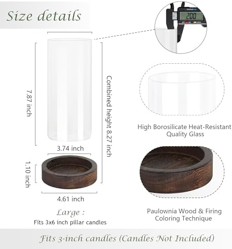 Ronasip Set of 4 Hurricane Candle Holders - 4.6x7.8 Inch Rustic Wooden Base with Glass Cylinder, Brown Pillar Candle Holders for Wedding Centerpieces, Home Decor, Table & Mantel Decorations - Image 5