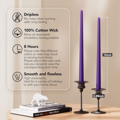 New Burning Formula Unscented Dripless 12-Inch Taper Candles Set of 12 - Purple, for Wedding, Dinner - Smokeless, Long Burning - Hand Poured, Colored Tall Candlesticks - Púrpura - Image 2