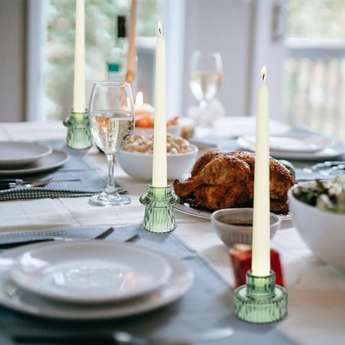 Taper Votive Candle Holder for Pillar Candles Tealight, Candlestick Holder for Wedding Christmas Tea Party, Boho Ribbed Vintage Crystal Glass Table Centerpiece Decor, Bulk Set of 6 (Green) - Image 4