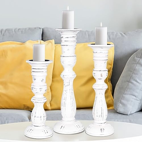 Wooden Candle Holder Set of 3, Tall White Antique Pillar Candle Holders, Rustic Farmhouse Decor, Brown Wooden Candle Stands for Home Decoration - 16, 14, 12 Inch Height - Image 2