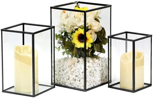 PHOSPHOR Hurricane Glass Candle Holder Set of 3 Pieces Black Hurricane Candleholders for Wedding Party Holiday Birthday Home Decor Lanter by PHOSPHOR