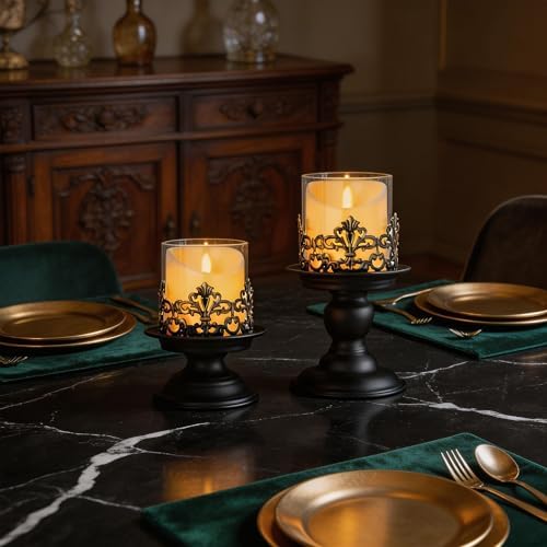 2 PCS Hurricane Candle Holder with Glass Sleeve, Gothic Metal Vintage Candle Holders, Large Table Centerpieces Candle Stand for Weddings and Events, Black, S+S - Image 4