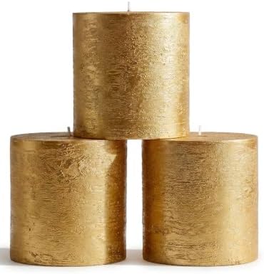 CANDWAX 3x3 Inch Gold Pillar Candles Set of 3 - Unscented No Drip Glitter Gold Candles for Weddings, Centerpieces, Home Décor, Christmas Decorations by CANDWAX