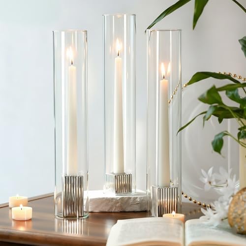 LETINE Hurricane Candle Holders with Silver Ribbed Taper Candle Holders Set of 3(14")– Bulk Windproof Taper Candle Hurricane Glass for Outdoor&Indoors Wedding Centerpiece, Event & Home Decor by LETINE