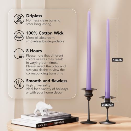 New Burning Formula Unscented Dripless 12-Inch Taper Candles Set of 12 - Lavender, for Wedding, Dinner - Smokeless, Long Burning - Hand Poured, Colored Tall Candlesticks - Lavanda - Image 2