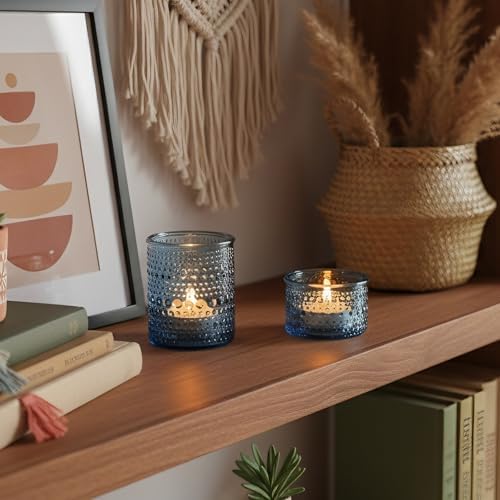 NITIME Blue Glass Votive Candle Holders Set of 24, Assorted Heights Polka Dot Tealight Candle Holders for Table Centerpiece, Blue Candle Holder Decor for Wedding, Baby Shower Party & Spa - Image 5