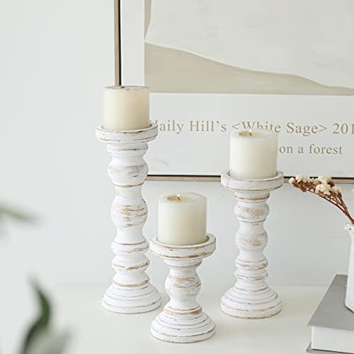 SWALLOWLIVING Rustic Farmhouse Wood Pillar Candle Holder Set of 3 for Candlestick, White - Image 3