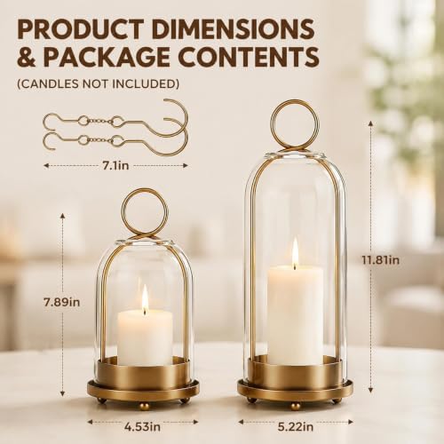 Hurricane Glass Candle Holders, Brass Hanging Lanterns - Image 2
