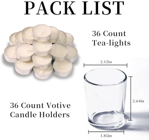 Letine 36-Pack Glass Votive Holders & White Tealights – Clean-Burning Smokeless Dripless Unscented Candles for Wedding Decor, Home Ambiance, Shabbat Dinner, Engagement & Everyday Use - Image 2