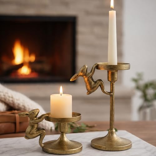 Set of 2 Cast Iron Climbing Bunny Candle Holders, Vintage Heavy-Duty Decorative Stands for 7/8" Taper Candlesticks and 3" Pillar Candles, Lively Easter & Spring Mantel Decor (Antique Brass) - Image 3
