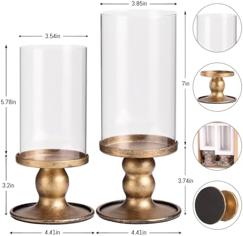 NITIME 2pcs Hurricane Candle Holder for Pillar Candles, Antique Brass Iron Candle Holders with Clear Glass Sleeve for Table Centerpieces, Pillar Candle Holders for Home, Wedding Decor - Image 2