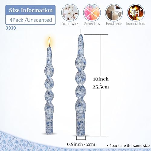 Spiral Print Taper Candles-Blue Floral Unscented Candle Long 10 Inch Flower Tapered Candlestick for Family Gatherings Weddings Restaurant Holiday Decorations Set of 4 - Image 2