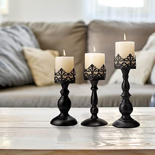 BANOMII Vintage Pillar Candle Holders for Table Centerpiece Set of 3-11'' 9'' 8'' - Matte Black Metal Candle Stands Decorative - Candle Centerpiece for Table Fireplace Decor - Gothic Candle Holder - Image 4