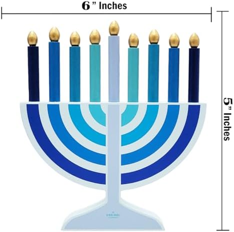 Mini Blue Hanukkah Menorah, 5" Inch Children Wooden Chanukah Menorah Set with Removable Wooden Candles, 3" Inch Dreidel, and Gelt Coins - Image 3
