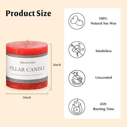 3x3 Inch Bright Red Pillar Candles Set of 3 - Hand-Poured Unscented Candles, Long Clean Burning, Large Big Candle, Smokeless Dripless Candle for Dinner Table, Wedding, Home, Rustic Decor - Image 6