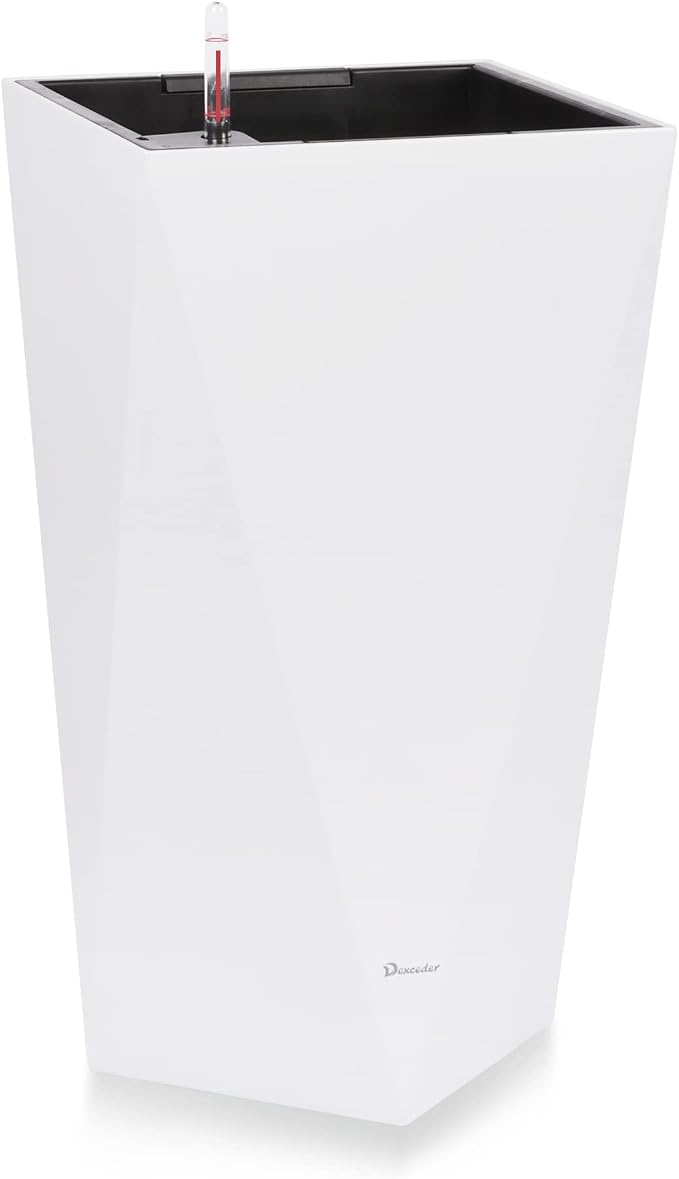 Dexceder 20 Inches Self Watering Tall Planter (White) | Diamond High Gloss, Thickened Rhombus Large Floor Standing Flower Plant Pot with Water Level Indicator Indoor Outdoor