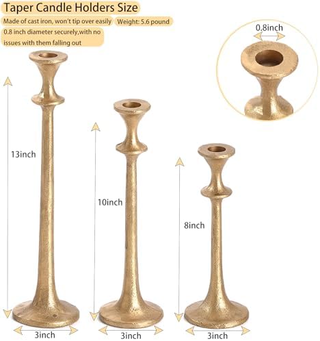 Gold Taper Candle Holders Set of 3, Heavy Candlestick Holders Decorative Candle Stand for Table Centerpiece, Cast Iron Candle Stick Holder Decor - Image 3