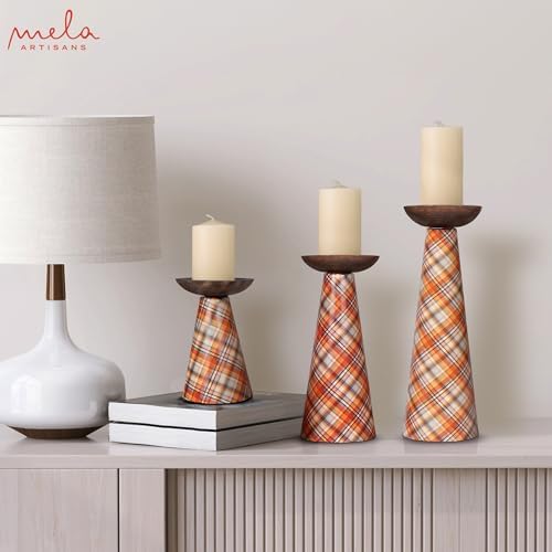 Mela Artisans Ochre Metal Candle Holders - Multi Plaid, Set of 3 - Image 6