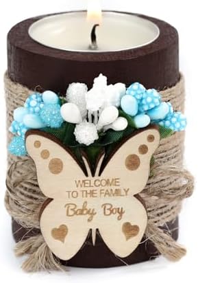 Ju's Favors 10 Piece Wooden Butterfly Tealight Candle Holder,Baby Shower Favor for Guests, Return Gifts, Baby Boy Gender Reveal Gifts, Christening Party Gift for Guests.(Dark brown-blue) by JusFavors