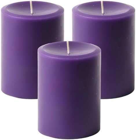 Mister Candle Dripless Unscented Purple Pillar Candles, Set of 3 Hand Poured Solid Color Non-Scented Candles for Home Decor, Premium Wax, 60 Hr Burn Time - 3x4 Inch, Purple by MisterCandle