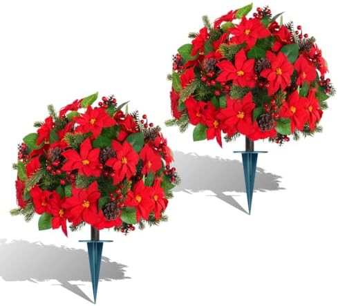 2PCS Poinsettia Pine Cone Topiary Trees with Spike Christmas Decor by LivingGreenEveryDayShine