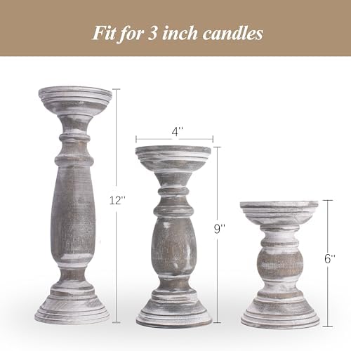 BANOMII Rustic Wooden Pillar Candle Holders Set of 3, 12'' 9'' 6'' Farmhouse Wood Candle Stand for Table Centerpieces, Vintage Tall Candleholders Fireplace Mantel Decor for Living Room, Grey - Image 4