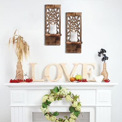 Wall Mounted Candle Sconces Set of 2 - Decorative Hand-Carved Wooden Candle Holders, Farmhouse Style, Perfect for Living Room, Bedroom & Kitchen Wall Décor - 16 Inch - Burnt Antique - Image 6
