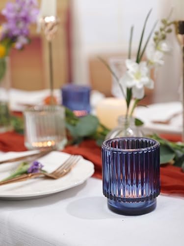 DEVI 8 Pcs Blue Votive Candle Holder for Wedding Centerpieces, Glass Ribbed Tea Light Holder for Wedding Table Decorations, Navy Blue Decor for Party Home Farmhouse Decorations - Image 5