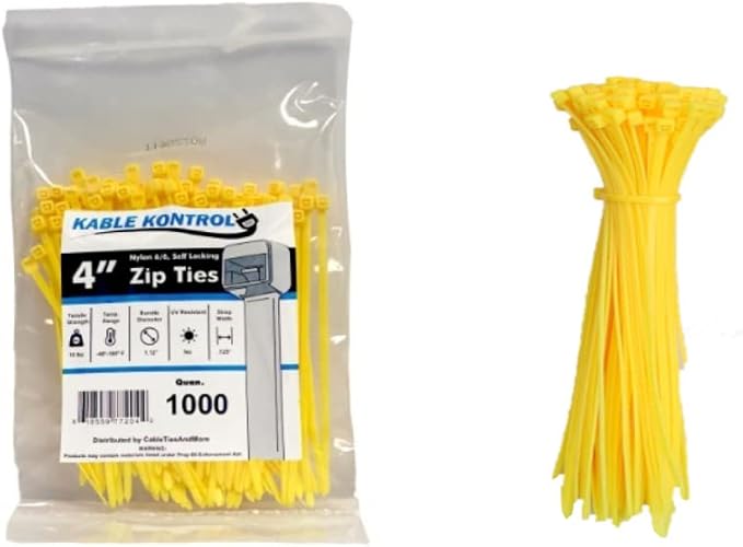 Kable Kontrol Yellow Zip Ties 4 Inch 1000 Pcs, 18 Lbs Tensile Strength, Self-locking Nylon Colored Cable Ties Wire Wraps for Indoor or Outdoor Use