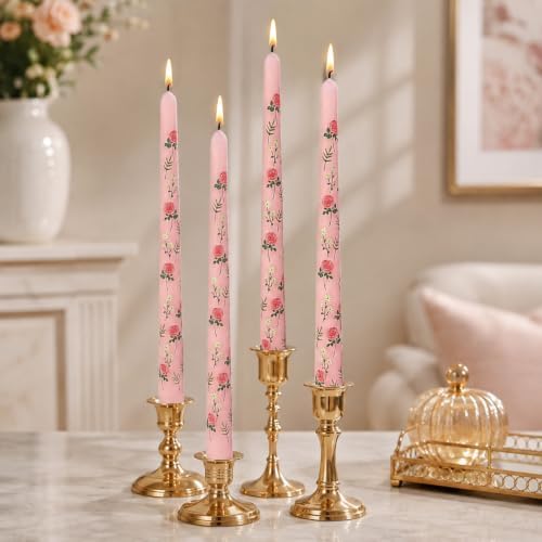 Print Taper Candles Dripless Candlesticks - 4pcs Handmade Floral Candle Long Candle Sticks 10inches Flower Tapered Candles for Home Party Wedding Restaurant Holiday Decor,8D4T-RONEW - Image 5