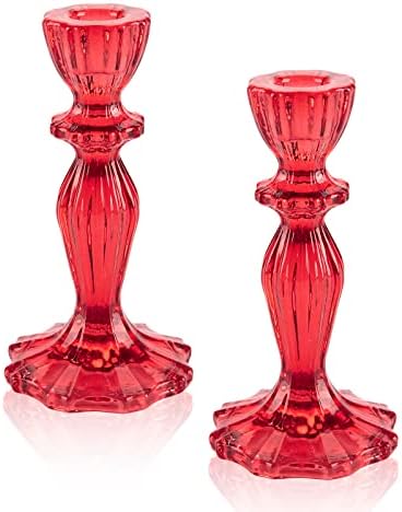 Glass Candle Holders, 2PCS Wide Base Candlestick Holder Decorative Candle Stand Table Centerpieces for Wedding Birthday Halloween Christmas Party, Red by SHOWLOUE