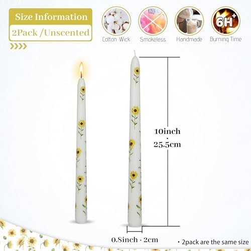 Floral Taper Candle White Sunflower-2 pcs Floral Taper Candles 10 Inch Pastel Taper Candles Smokeless Ideal for Weddings Home Party Holiday Decor - Image 5