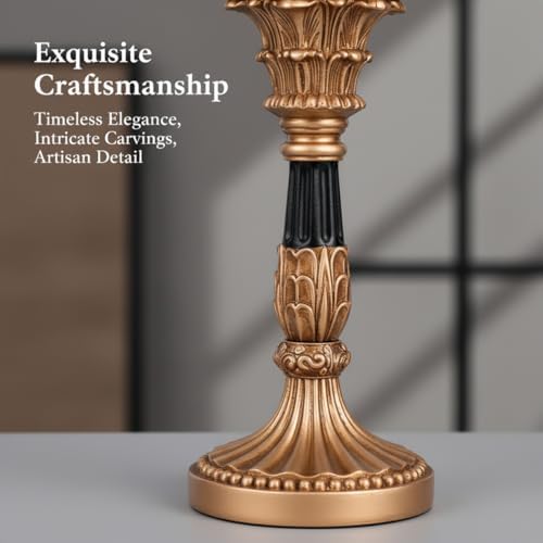 Resin Pillar Candle Holders Set of 3 – an Antique Gold Frame with Engraved Decorations (9", 7.5", 6") with 3.1" Tray & Velvet Anti-Slip Base for Table Centerpiece and Fireplace Mantel Decor - Image 3