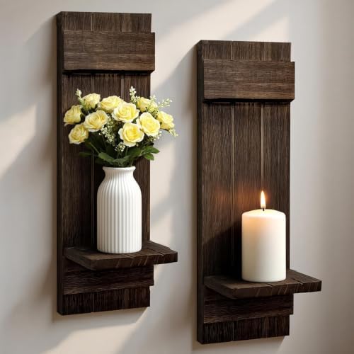 Wall Candle Holders Set of 2, Farmhouse Dark Brown Wood Sconces, 15.7"x5" by Treory