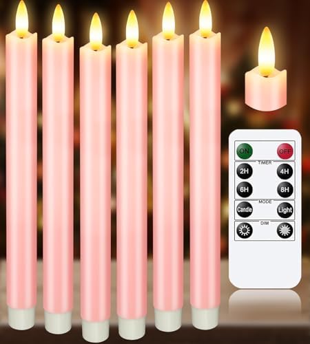 KSWING Upgraded Real Wax LED Flameless Pink Taper Candles with Remote, 6 PCS Candlesticks Battery Operated 3D Flickering - 9.6" Long Realistic Fake Candle Sticks for Home/Wedding/Fireplace Xmas Decor by Unknown