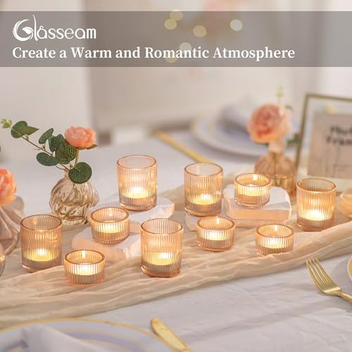 Glasseam Gold Votive Candle Holders, 24 Pcs Ribbed Glass Tealight for Table - Image 2