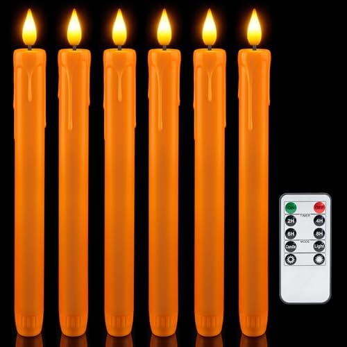 Homemory 6 Pcs Orange Flameless Taper Candles with Remote, Timer, Dimmer, Battery Operated CandleSticks with Flickering Light, Plastic Led Window Candles, for Halloween Decoration 9.6 Inches by Homemory