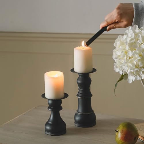 NIKKY HOME Farmhouse Wooden Pillar Candle Holders Set of 2, Black - Image 2