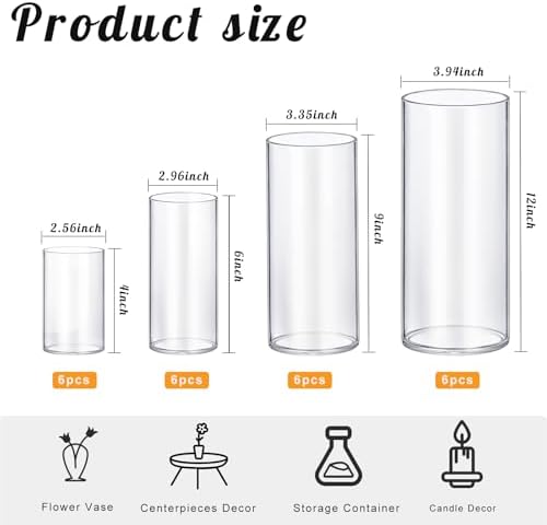 24 Pack Thick Glass Cylinder Vases 4,6,9,12 Inch Tall Clear Flower Vase Hurricane Floating Candle Holder for Table Centerpiece Wedding Home Decor - Image 2
